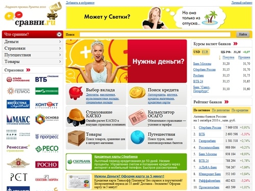 
	Сравни.ru - подбор  и  сравнение  вкладов,  кредитов, кредитных карт, калькулятор ОСАГО И КАСКО, поиск туров, жд билетов, выбор товаров
